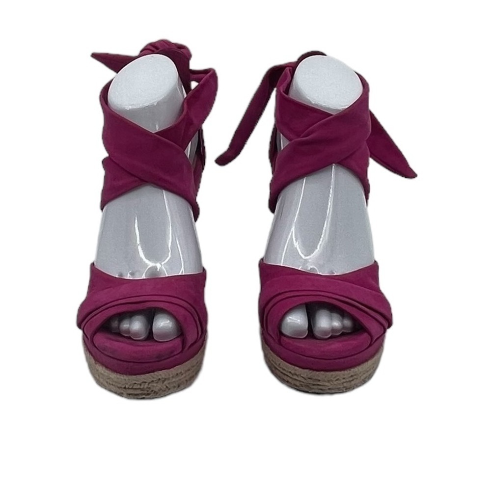 UGG Pink Lucy Espadrille Bow Tie Ankle Strap Jute Wedge Sandals Size 8.5 Women’s - Picture 3 of 9